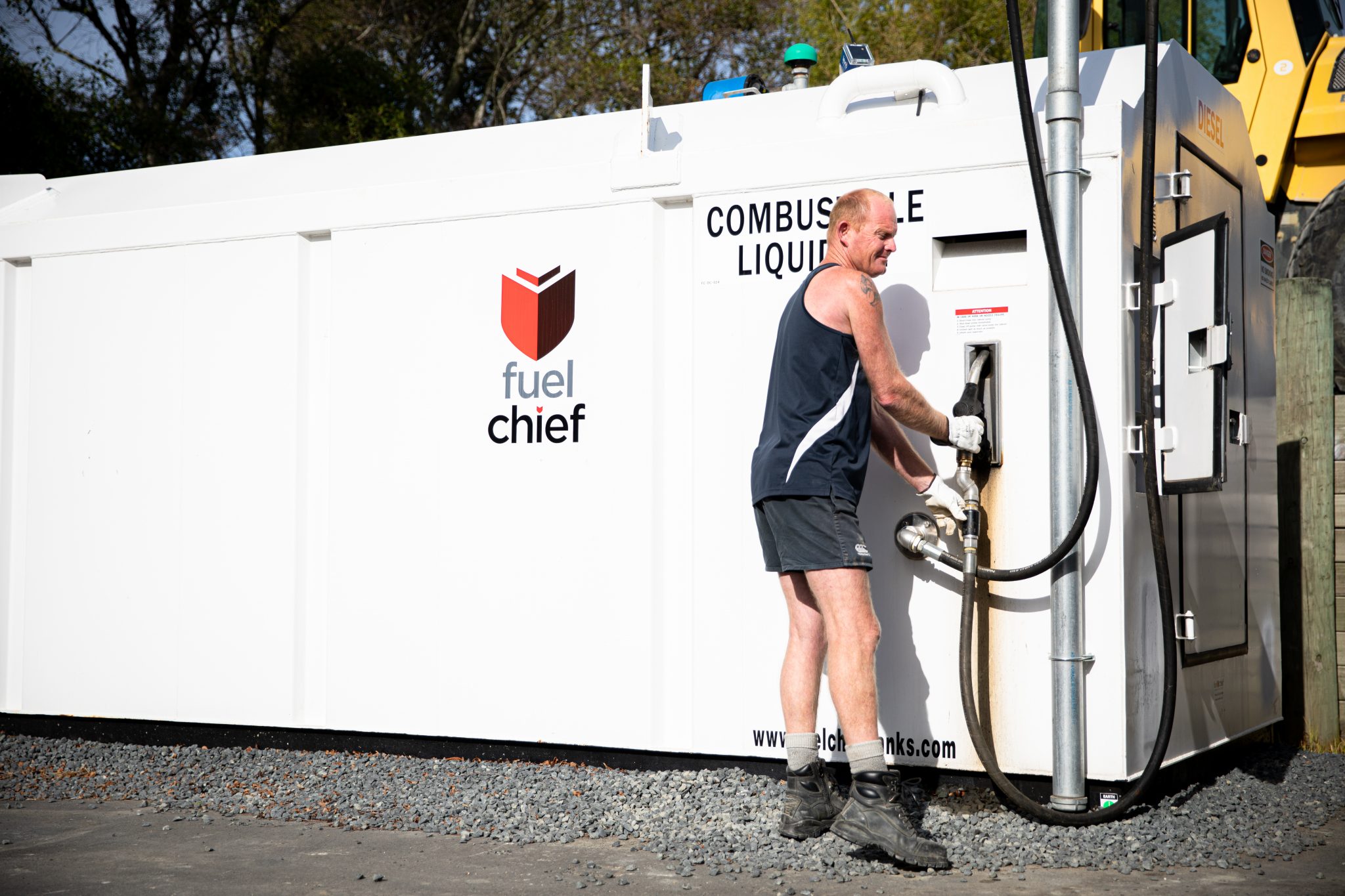 Skip Golden Filling Up Fuelchief Tank at Golden Contracting New Zealand